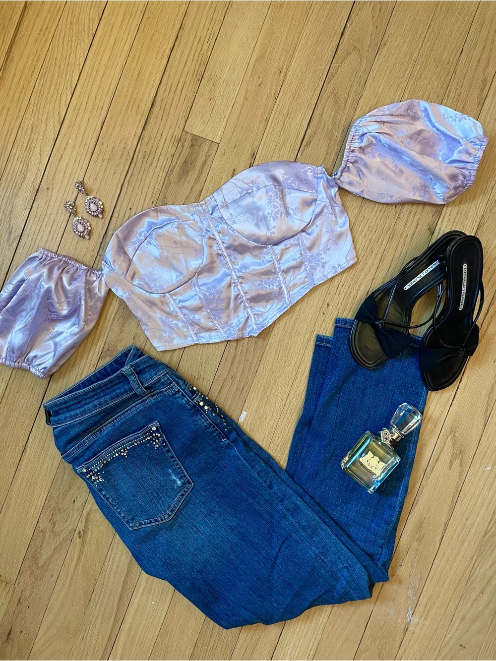 Cider Lavender Satin Puff-Sleeve Corset Crop Top